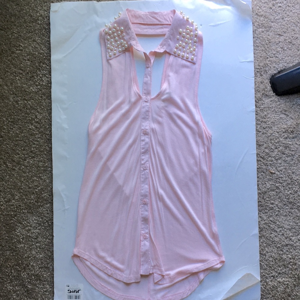 SILENCE & NOISE Sz XS pink sleeveless w white pearl detail VERY SOFT COTTON